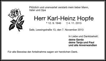 Traueranzeige von Karl-Heinz Hopfe von Frankenpost