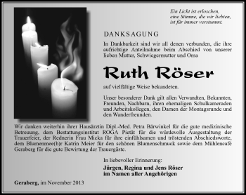 Traueranzeige von Ruth Röser von Südthüringer Presse
