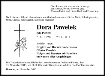 Traueranzeige von Dora Pawelek von Südthüringer Presse