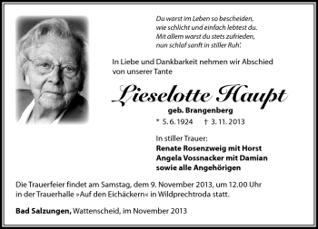 Traueranzeige von Lieselotte Haupt von Südthüringer Presse