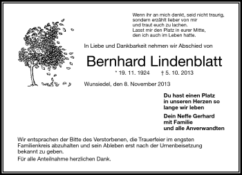 Traueranzeige von Bernhard Lindenblatt von Frankenpost