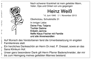 Traueranzeige von Heinz Weiß von Frankenpost