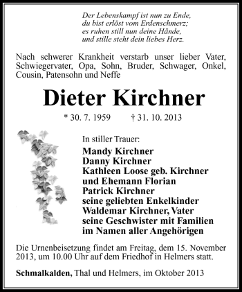 Traueranzeige von Dieter Kirchner von Südthüringer Presse