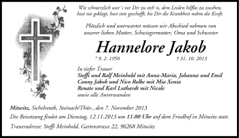 Traueranzeige von Hannelore Jakob von Neue Presse Coburg