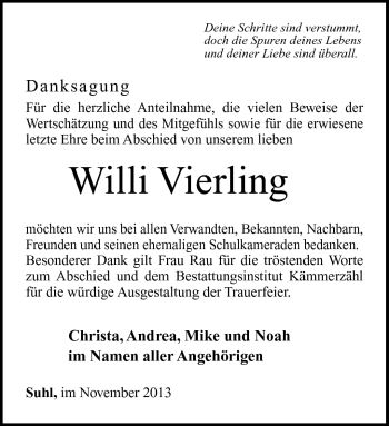 Traueranzeige von Willi Vierling von Südthüringer Presse