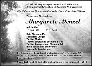 Traueranzeige von Margarete Menzel von Südthüringer Presse