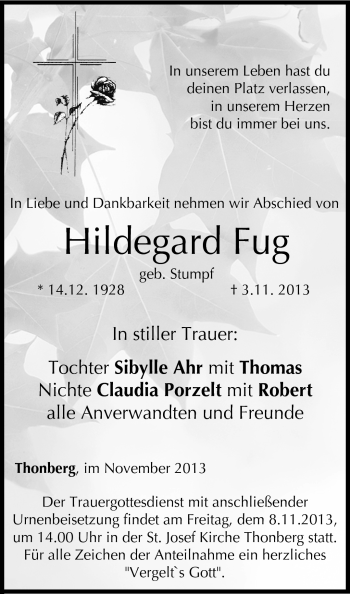Traueranzeige von Hildegard Fug von Neue Presse Coburg