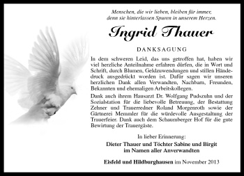 Traueranzeige von Ingrid Thauer von Südthüringer Presse