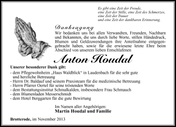 Traueranzeige von Anton Houdal von Südthüringer Presse