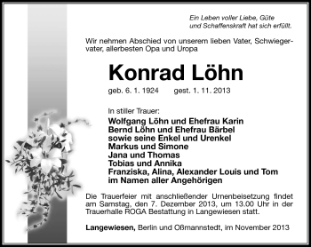 Traueranzeige von Konrad Löhn von Südthüringer Presse
