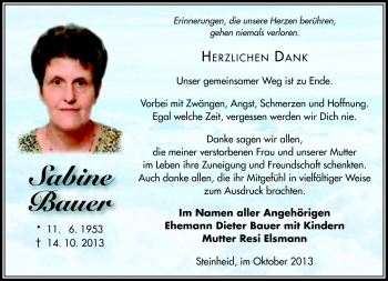 Traueranzeige von Sabine Bauer von Südthüringer Presse