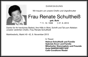 Traueranzeige von Renate Schultheiß von Frankenpost