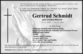 Traueranzeige von Gertrud Schmidt von Südthüringer Presse