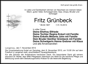Traueranzeige von Fritz Grünbeck von Neue Presse Coburg