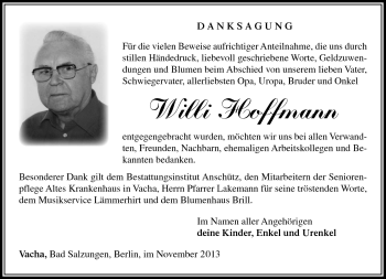 Traueranzeige von Willi Hoffmann von Südthüringer Presse