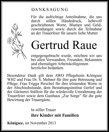 Traueranzeige von Gertrud Raue von Südthüringer Presse