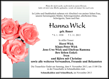 Traueranzeige von Hanna Wick von Südthüringer Presse