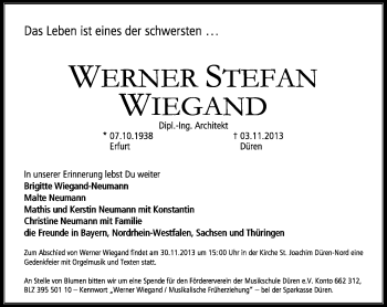 Traueranzeige von Werner Stefan Wiegand von Neue Presse Coburg