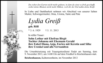 Traueranzeige von Lydia Greiß von Südthüringer Presse