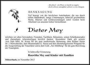 Traueranzeige von Dieter Mey von Südthüringer Presse