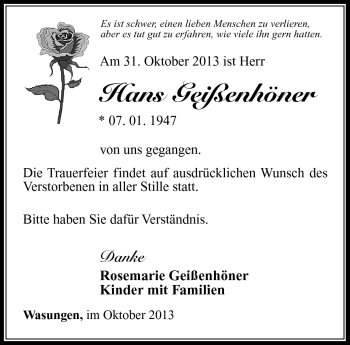 Traueranzeige von Hans Geißenhöner von Südthüringer Presse
