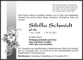 Traueranzeige von Sibille Schmidt von Südthüringer Presse