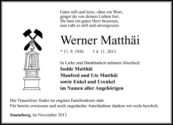 Traueranzeige von Werner Matthäi von Südthüringer Presse