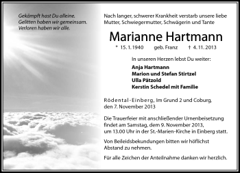 Traueranzeige von Marianne Hartmann von Neue Presse Coburg