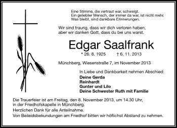 Traueranzeige von Edgar Saalfrank von Frankenpost