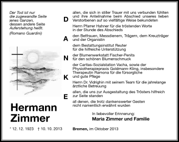 Traueranzeige von Hermann Zimmer von Südthüringer Presse