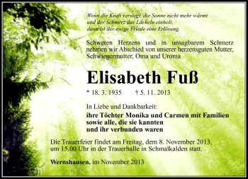 Traueranzeige von Elisabeth Fuß von Südthüringer Presse