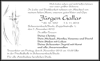 Traueranzeige von Jürgen Gallar von Frankenpost