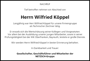 Traueranzeige von Wilfried Köppel von Frankenpost