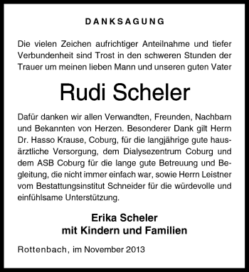 Traueranzeige von Rudi Scheler von Neue Presse Coburg