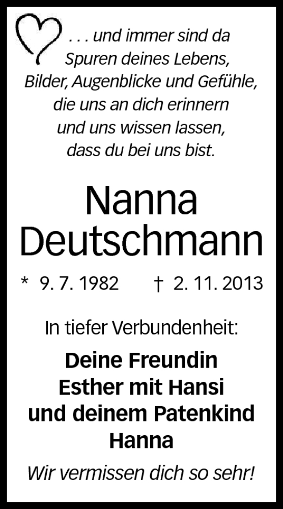  Traueranzeige für Nanna Deutschmann vom 08.11.2013 aus Neue Presse Coburg