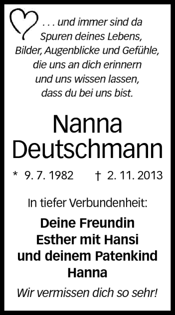 Traueranzeige von Nanna Deutschmann von Neue Presse Coburg