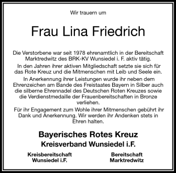Traueranzeige von Lina Friedrich von Frankenpost