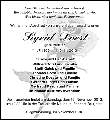 Traueranzeige von Sigrid Dorst von Südthüringer Presse