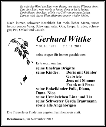 Traueranzeige von Gerhard Wittke von Südthüringer Presse