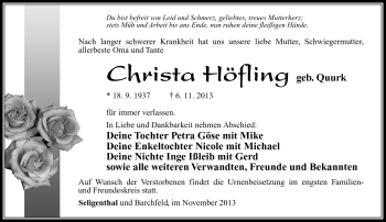 Traueranzeige von Christa Höfling von Südthüringer Presse