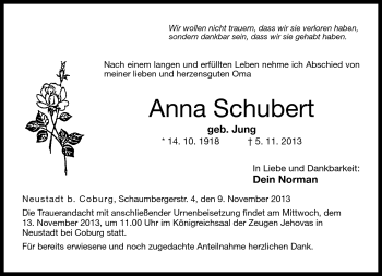 Traueranzeige von Anna Schubert von Neue Presse Coburg