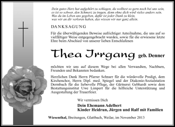 Traueranzeige von Thea Irrgang von Südthüringer Presse