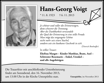 Traueranzeige von Hans-Georg Voigt von Südthüringer Presse