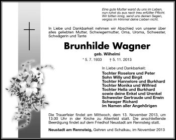 Traueranzeige von Brunhilde Wagner von Südthüringer Presse