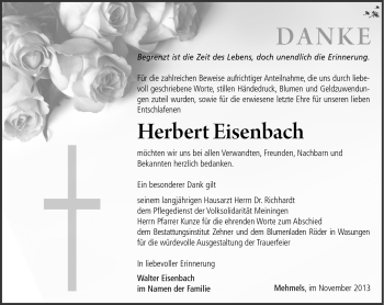 Traueranzeige von Herbert Eisenbach von Südthüringer Presse
