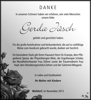 Traueranzeige von Gerda Jänsch von Südthüringer Presse