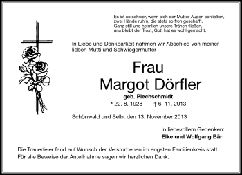 Traueranzeige von Margot Dörfler von Frankenpost