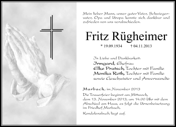 Traueranzeige von Fritz Rügheimer von Neue Presse Coburg