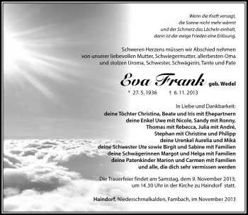 Traueranzeige von Eva Frank von Südthüringer Presse