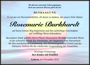 Traueranzeige von Rosemarie Burkhardt von Südthüringer Presse
